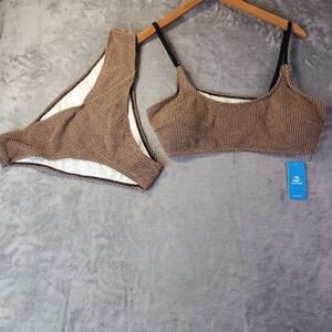 Cupshe Womens XL Brown Gold Metallic Textured Bikini Set Swimsuit Cruise Resort